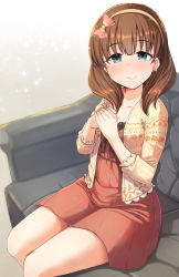 Rule 34 | 1girl, blush, brown dress, brown hair, brown jacket, closed mouth, dress, feet out of frame, gaichi, gradient background, green eyes, grey background, hands up, highres, idolmaster, idolmaster cinderella girls, jacket, long sleeves, looking at viewer, open clothes, open jacket, own hands together, sakuma mayu, sitting, smile, solo, white background