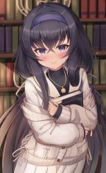 Rule 34 | 1girl, black hair, blue archive, blue eyes, blush, book, bookshelf, commentary request, hair between eyes, hair ornament, halo, headband, highres, jewelry, long hair, looking at viewer, necklace, hugging object, sakura ani, school uniform, solo, sweater, ui (blue archive), very long hair