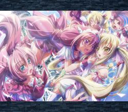 Rule 34 | 00s, 10s, 5girls, blonde hair, blue eyes, blush, brooch, choker, color connection, cure blossom, cure echo, cure happy, cure melody, cure peach, eyelashes, fresh precure!, fuu-chan (precure), hair ornament, hanasaki tsubomi, heart, heart brooch, heart hair ornament, heartcatch precure!, highres, hoshizora miyuki, houjou hibiki, inoshishi (ikatomo), letterboxed, long hair, magical girl, momozono love, multiple girls, one eye closed, pink eyes, pink hair, ponytail, precure, precure all stars new stage: mirai no tomodachi, sakagami ayumi, smile precure!, suite precure, tiara, twintails, wink