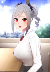 Rule 34 | 1girl, :d, blue sky, blush, bow, bowtie, bra, bra visible through clothes, breasts, chair, cloud, commentary request, day, desk, dress shirt, drill hair, grey hair, highres, idolmaster, idolmaster cinderella girls, indoors, kanzaki ranko, large breasts, long sleeves, looking at viewer, open mouth, parted lips, red bow, red bowtie, red eyes, school chair, school desk, school uniform, see-through, senju (snz0), shirt, sitting, sky, smile, solo, swept bangs, tree, twin drills, twintails, underwear, upper body, white shirt, window
