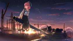 Rule 34 | 1girl, arm support, artist name, backpack, bad id, bad pixiv id, bag, beret, black footwear, black skirt, building, cannon, closed mouth, cloud, collarbone, collared shirt, construction site, crane (machine), cross-laced footwear, glowstick, gradient sky, gun, hair ornament, hairclip, hat, highres, long skirt, long sleeves, looking away, machine gun, machinery, medium hair, military, military vehicle, motor vehicle, night, night sky, original, outdoors, pink hair, pleated skirt, shirt, shoes, sidelocks, sion005, sitting, skirt, sky, smile, solo, soviet, star (sky), star (symbol), starry sky, sunset, tank, turret, weapon, white shirt, x hair ornament, yellow eyes
