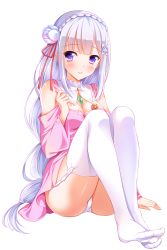 Rule 34 | 10s, 1girl, arm at side, bare shoulders, blush, breasts, cleavage, clothes lift, clothing cutout, crystal, dress, dress lift, elf, emilia (re:zero), eyebrows, flower, full body, garter straps, hair flower, hair ornament, highres, knees up, long hair, looking at viewer, looking to the side, multi-tied hair, no shoes, panties, pantyshot, parted lips, pink dress, pink ribbon, pointy ears, purple eyes, re:zero kara hajimeru isekai seikatsu, red flower, ribbon, shiny skin, short dress, shoulder cutout, silver hair, simple background, sitting, smile, solo, thighhighs, underwear, very long hair, white flower, white thighhighs, wide sleeves, yagami-all hail nanao
