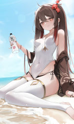 Rule 34 | 1girl, absurdres, ahoge, alternate costume, bare shoulders, beach, berserker r, bikini, bikini bottom only, black nails, bottle, breasts, brown hair, brown jacket, closed mouth, drink, earrings, flower, flower-shaped pupils, genshin impact, gold trim, gradient hair, hair flower, hair ornament, highres, holding, holding bottle, holding drink, hu tao (genshin impact), jacket, jewelry, long hair, multicolored hair, multiple rings, nail polish, off shoulder, one-piece swimsuit, pinky out, plum blossoms, red eyes, red hair, revision, ring, sand, sitting, small breasts, smile, solo, stirrup legwear, streaked hair, swimsuit, symbol-shaped pupils, thighhighs, thighs, toeless legwear, twintails, wariza, water, white one-piece swimsuit, white thighhighs