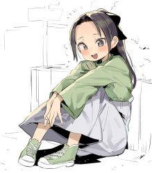 Rule 34 | 1girl, :d, atage, black bow, black hair, blush, bow, commentary request, fang, forehead, full body, green footwear, green shirt, grey eyes, hair bow, knees up, long sleeves, open mouth, original, parted bangs, ponytail, shirt, shoes, sitting, skirt, smile, solo, white skirt, wide sleeves