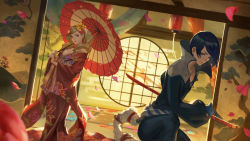 Rule 34 | 1boy, 1girl, architecture, blonde hair, blood, blood splatter, blue eyes, blue hair, blue pants, blue shirt, breasts, cleavage, closed mouth, commentary, cowboy shot, east asian architecture, english commentary, eyeshadow, floral print, flower, hair flower, hair ornament, holding, holding sword, holding umbrella, holding weapon, indoors, japanese clothes, katana, kimono, kitagawa yuusuke, kneeling, lantern, lips, lipstick, long hair, looking at viewer, makeup, medium breasts, mixed-language commentary, oil-paper umbrella, on one knee, pants, paper lantern, parted bangs, persona, persona 5, persona 5 the royal, petals, phamoz, red kimono, rope, round window, scabbard, sheath, sheathed, shirt, short hair, sliding doors, smile, standing, sword, takamaki anne, tatami, twintails, umbrella, weapon, wide sleeves, window