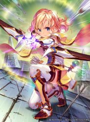 Rule 34 | 1girl, arrow (projectile), blonde hair, blue eyes, bow (weapon), closed mouth, cloud, company name, copyright name, fingerless gloves, fire emblem, fire emblem: mystery of the emblem, fire emblem cipher, full body, gloves, hmk84, holding, holding bow (weapon), holding weapon, nintendo, official art, on one knee, quiver, short hair, sky, solo, staff, thighhighs, weapon, yuliya (fire emblem)