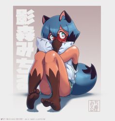 Rule 34 | 1girl, absurdres, animal ears, barefoot, blue hair, brand new animal, brown background, furry, furry female, gradient background, green eyes, gym shorts, highres, holding, holding pillow, kagemori michiru, legs, looking at viewer, michirutnk, pillow, raccoon ears, raccoon girl, raccoon tail, resolution mismatch, sharp toenails, short hair, shorts, solo, source smaller, tail, tank top, toenails, twitter username