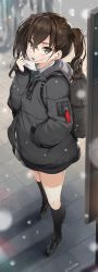Rule 34 | 1girl, backpack, bag, black jacket, black socks, blush, brown eyes, brown hair, collared shirt, diagonal-striped neckwear, from above, green necktie, hair between eyes, hand in pocket, highres, hood, hood down, hooded jacket, idolmaster, idolmaster cinderella girls, jacket, kneehighs, loafers, long hair, long sleeves, looking at viewer, looking up, mask, mask pull, mole, mole under eye, mouth mask, nauribon, necktie, open mouth, sharp teeth, shirt, shoes, snow, snowing, socks, solo, standing, striped necktie, striped neckwear, sunazuka akira, surgical mask, teeth, twintails, winter clothes