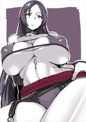 Rule 34 | 1girl, bare shoulders, bikini, blush, border, breasts, breasts apart, choker, collarbone, commentary request, elbow gloves, eyelashes, eyepatch bikini, fate/grand order, fate (series), gloves, huge breasts, long hair, minamoto no raikou (fate), minamoto no raikou (fate/grand order), minamoto no raikou (swimsuit lancer) (fate), monochrome, parted bangs, purple background, rope, single glove, smile, solo, swimsuit, takamura wamu, thighs, underboob, very long hair, white border