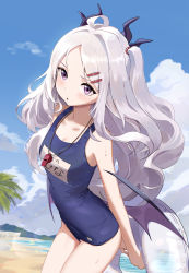 Rule 34 | 1girl, :o, absurdres, ahoge, armpits, beach, blue archive, blush, bobby pin, cloud, cloudy sky, flat chest, grey hair, highres, hina (blue archive), hina (swimsuit) (blue archive), horns, innertube, kawa683, long hair, looking at viewer, name tag, ocean, one-piece swimsuit, open mouth, outdoors, palm tree, pink eyes, school swimsuit, sidelocks, sky, solo, standing, swim ring, swimsuit, thighs, tree, twintails, whistle, whistle around neck, white hair, wings