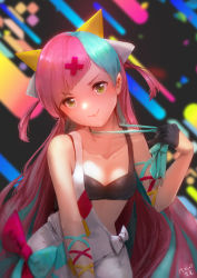 Rule 34 | 1girl, aduo, arm ribbon, bare shoulders, black bra, black gloves, bow, bowtie, bra, breasts, collarbone, dated, diagonal bangs, dress, gloves, green bow, green bowtie, green eyes, green hair, hair ornament, half gloves, highres, long hair, looking at viewer, multicolored hair, pink hair, pinky pop hepburn, ribbon, short dress, signature, sleeveless, sleeveless dress, small breasts, smile, solo, sports bra, the moon studio, two-tone hair, two side up, underwear, virtual youtuber, white dress, x hair ornament