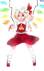 Rule 34 | 1girl, ascot, blonde hair, crystal, dress shirt, flandre scarlet, hamuyui (mihara1212), hands on own hips, hat, highres, open mouth, red eyes, ribbon, shirt, short hair, side ponytail, simple background, skirt, smile, socks, solo, touhou, vest, wings