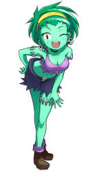 Rule 34 | 1girl, ;d, absurdres, bare arms, bare shoulders, blue shorts, boots, breasts, brown footwear, camisole, cleavage, collarbone, colored skin, crop top, earrings, forehead, green hair, green skin, hairband, highres, jewelry, leaning forward, medium breasts, midriff, navel, nyama, one eye closed, open mouth, purple camisole, purple socks, red eyes, ribbed legwear, rottytops, round teeth, shantae (series), short shorts, shorts, skull earrings, smile, socks, solo, standing, strap slip, teeth, upper teeth only, yellow hairband, zombie