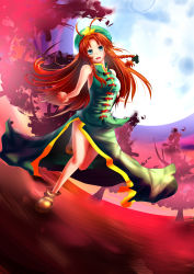 Rule 34 | 1girl, antenna hair, bare shoulders, boots, braid, breasts, chinese clothes, dress, female focus, full body, full moon, green eyes, hair ribbon, hat, highres, hong meiling, large breasts, leaf, long hair, moon, nature, outdoors, red hair, ribbon, sky, solo, star (symbol), touhou, tree, twin braids, xe-cox