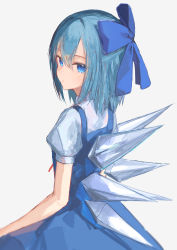 Rule 34 | 1girl, blue bow, blue dress, blue eyes, blue hair, bow, cirno, commentary, cowboy shot, dress, from behind, grey background, hair bow, highres, ice, ice wings, ichika (ichika87), looking at viewer, medium hair, neck ribbon, puffy short sleeves, puffy sleeves, red ribbon, ribbon, shirt, short sleeves, simple background, solo, touhou, white shirt, wings