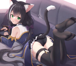 Rule 34 | 1girl, absurdres, animal ear fluff, animal ears, ass, bare shoulders, black hair, black panties, black thighhighs, blush, bow, breasts, cat ears, cat girl, cat tail, couch, detached sleeves, fang, feet, frilled sleeves, frills, green eyes, hair bow, highres, karyl (princess connect!), lace, lace-trimmed panties, lace trim, long hair, looking at viewer, looking back, low twintails, lying, multicolored hair, no shoes, on stomach, open mouth, panties, princess connect!, purple bow, sideboob, skindentation, small breasts, solo, streaked hair, tail, thighhighs, twintails, underwear, very long hair, white hair, xue lu