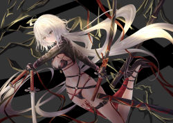 1girl 428_(user_uzpe7478) absurdres ahoge bikini black_bikini black_choker black_gloves black_jacket choker closed_mouth commentary_request cropped_jacket fate/grand_order fate_(series) gloves grey_background high_heels highres jacket jeanne_d&#039;arc_alter_(swimsuit_berserker)_(fate) jeanne_d&#039;arc_(fate) jeanne_d&#039;arc_alter_(fate) jeanne_d&#039;arc_alter_(swimsuit_berserker)_(fate) katana long_hair navel o-ring o-ring_bikini o-ring_bottom o-ring_top red_thighhighs shrug_(clothing) single_thighhigh solo swimsuit sword thigh_strap thighhighs weapon white_hair yellow_eyes