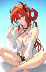 Rule 34 | 1girl, :q, absurdres, arknights, bare shoulders, bikini, black ribbon, blue background, breasts, cleavage, closed mouth, collarbone, criss-cross halter, dekubaba, detached sleeves, feet out of frame, food, gradient background, hair rings, halterneck, head tilt, highres, holding, holding food, horns, indian style, long sleeves, looking at viewer, medium breasts, navel, official alternate costume, popsicle, ribbon, side-tie bikini bottom, sitting, smile, solo, surtr (arknights), surtr (colorful wonderland) (arknights), swimsuit, tongue, tongue out, underwear