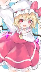 Rule 34 | 1girl, ascot, blonde hair, blue background, cowboy shot, flandre scarlet, hat, hat ribbon, highres, looking at viewer, mob cap, open mouth, outside border, pafe haumen, polka dot, polka dot background, red eyes, red ribbon, red skirt, red vest, ribbon, shirt, short hair, skirt, solo, standing, star (symbol), touhou, v, v-shaped eyebrows, vest, white hat, white shirt, yellow ascot