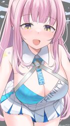 Rule 34 | 1girl, bare shoulders, blue archive, breasts, cleavage, highres, koomori, large breasts, long hair, looking at viewer, mika (blue archive), open mouth, pink hair, simple background, smile, solo, yellow eyes