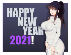 Rule 34 | 1girl, 2021, aqua eyes, black hair, border, bralines, breasts, brown hair, commentary, covered navel, cowboy shot, dress, english commentary, gradient hair, hair between eyes, hands on thighs, happy new year, high ponytail, large breasts, long hair, long sleeves, looking at viewer, multicolored hair, name tag, new year, open mouth, original, outside border, pants, pantylines, rannero, sidelocks, sideways glance, smile, solo, spread fingers, vietnamese dress, white border, white dress, white pants