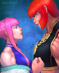 Rule 34 | 3girls, blue eyes, blunt bangs, breasts, brown hair, chain, chain necklace, clenched hand, deltoids, dougi, eye contact, faceoff, from side, gold chain, halterneck, height difference, highres, implied yuri, jewelry, kimberly jackson, lips, looking at another, manon legrand, marisa (street fighter), medallion, medium breasts, mole, mole under eye, multiple girls, muscular, muscular female, necklace, off shoulder, parody, quasimodox, red hair, short hair, short hair with long locks, sidelocks, street fighter, street fighter 6, street fighter zero (series), street fighter zero 2 cover