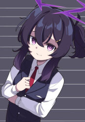 Rule 34 | 1girl, black vest, blue archive, closed mouth, collared shirt, hair between eyes, hair ornament, hairclip, halo, haruka (blue archive), haruka (suit) (blue archive), long hair, long sleeves, looking at viewer, moja (moja4192), necktie, official alternate costume, purple eyes, purple hair, purple halo, red necktie, shirt, solo, upper body, vest, white shirt