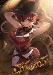 Rule 34 | 1girl, :q, armpits, black thighhighs, breasts, cleavage, eyepatch, hat, hololive, houshou marine, large breasts, long hair, milestone celebration, nori (artist), original, raised eyebrow, red eyes, red hair, red skirt, see-through, see-through cleavage, skirt, smile, solo, thighhighs, tongue, tongue out, twintails, virtual youtuber