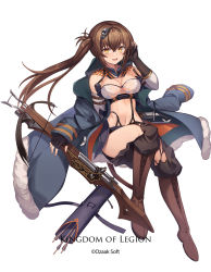 Rule 34 | 1girl, arrow (projectile), boots, breasts, brown eyes, brown hair, copyright name, eruthika, fingerless gloves, gloves, highres, kingdom of legion, long hair, looking at viewer, medium breasts, midriff, navel, side ponytail, simple background, smile, solo, very long hair, white background