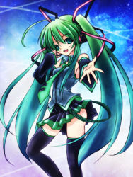 Rule 34 | 1girl, bad id, bad pixiv id, detached sleeves, green eyes, green hair, hatsune miku, headset, koai, koiai, long hair, matching hair/eyes, necktie, outstretched arm, outstretched hand, reaching, skirt, solo, thighhighs, twintails, very long hair, vocaloid