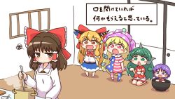 Rule 34 | 5girls, :d, :o, alternate costume, american flag dress, apron, blonde hair, blue skirt, blush, blush stickers, bow, bowtie, breasts, brown eyes, brown hair, chestnut mouth, closed mouth, clownpiece, commentary request, cooking, fairy wings, frilled hair tubes, frills, full body, green eyes, green hair, hair bow, hair tubes, hakurei reimu, hat, highres, holding, holding spoon, ibuki suika, indoors, jester cap, jitome, kappougi, kneeling, komano aunn, long hair, looking at another, multiple girls, no headwear, open mouth, orange hair, paw pose, pink headwear, polka dot, pot, purple eyes, purple hair, red bow, red eyes, red neckwear, red robe, red shirt, robe, shirt, shitacemayo, short hair, short sleeves, shorts, skirt, sleeveless, sleeveless shirt, small breasts, smile, spoon, squiggle, standing, star (symbol), star print, sukuna shinmyoumaru, sweat, touhou, translation request, upper body, v-shaped eyebrows, very long hair, wall, white apron, white shirt, white shorts, window, wings