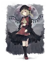 Rule 34 | 1girl, ascot, black dress, blonde hair, chinese clothes, cosplay, dress, flandre scarlet, full body, gensou aporo, hat, hat ribbon, juliet sleeves, junko (touhou), junko (touhou) (cosplay), long sleeves, looking at viewer, mary janes, mob cap, moon, puffy sleeves, red eyes, ribbon, sash, shoes, side ponytail, solo, tabard, touhou, wings