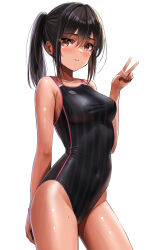 1girl black_hair breasts brown_hair collarbone competition_swimsuit contrapposto covered_navel cowboy_shot groin highres light_smile long_hair looking_at_viewer medium_breasts one-piece_swimsuit original ponytail simple_background solo swimsuit tan v white_background yukemuriganmo