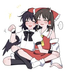 Rule 34 | ..., 2girls, ascot, bird wings, black bow, black bowtie, black hair, black socks, black wings, blush, bow, bowtie, brown hair, closed eyes, commentary request, detached sleeves, frilled bow, frilled hair tubes, frills, hair bow, hair tubes, hakurei reimu, hat, highres, long hair, multiple girls, open mouth, red bow, red hat, red skirt, sakic43899, shameimaru aya, shirt, short sleeves, sitting, skirt, skirt set, smile, socks, speech bubble, sweatdrop, tokin hat, touhou, white shirt, white socks, wings, yellow ascot, yuri