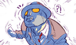 Rule 34 | !?, 1boy, ^^^, baptiste gaubert, brown hat, brown jacket, clenched hand, collared shirt, emphasis lines, fedora, hat, jacket, long sleeves, male focus, mask, necktie, q (street fighter), red necktie, shirt, simple background, sketch, solo, speech bubble, spoken interrobang, street fighter, street fighter iii (series), upper body, white background, white shirt, wing collar, yellow eyes