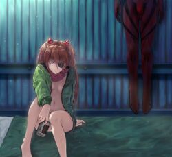 Rule 34 | 1girl, artist request, ass, bed, bodysuit, breasts, brown hair, controller, evangelion: 3.0+1.0 thrice upon a time, expressionless, eyepatch, game controller, green jacket, hair ornament, hood, hooded jacket, jacket, long hair, looking to the side, neon genesis evangelion, no bra, on bed, rebuild of evangelion, red bodysuit, sitting, small breasts, solo, souryuu asuka langley, twitter, wide hips