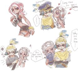 Rule 34 | 1boy, 1girl, agent 3 (splatoon), agent 8 (splatoon), black skirt, blonde hair, blue hair, chinese text, closed mouth, covering own mouth, crop top, crossed arms, english text, frown, green eyes, grey eyes, grey hair, hand up, hat, headgear, heart, holding, holding clothes, holding hat, inkling, inkling boy, inkling player character, looking at another, medium hair, miniskirt, multicolored hair, nintendo, octoling, octoling girl, octoling player character, open mouth, peaked cap, ponytail, profanity, red hair, short hair, simple background, single bare shoulder, single sleeve, skirt, smile, speech bubble, splatoon (series), splatoon 2, splatoon 2: octo expansion, splatoon 3, splatoon 3: side order, spoken squiggle, squiggle, suction cups, tentacle hair, thenintlichen96, thigh strap, two-tone hair, white background, yellow eyes, zipper