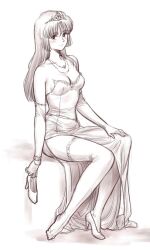 Rule 34 | 1girl, bare shoulders, bracelet, breasts, ciela lapana, cleavage, dress, full body, greyscale, hand on own thigh, highres, holding, holding clothes, holding footwear, jewelry, kogawa masayoshi, long hair, looking at viewer, medium breasts, monochrome, necklace, seisenshi dunbine, side slit, sitting, sleeveless, sleeveless dress, solo, thighhighs, tiara, unworn footwear, wedding dress