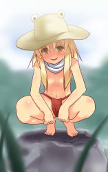 Rule 34 | 1girl, blonde hair, blush, breasts, censored, convenient censoring, day, flat chest, fundoshi, hair censor, hat, japanese clothes, looking at viewer, moriya suwako, navel, no pants, small breasts, smile, solo, squatting, sweat, topless, touhou, umarutsufuri, underwear, underwear only, yellow eyes