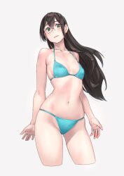 Rule 34 | 1girl, alternate costume, bare arms, bare shoulders, bikini, black hair, blue bikini, blush, breasts, closed mouth, collarbone, cowboy shot, cropped legs, glasses, gluteal fold, green eyes, grey background, groin, hair between eyes, hairband, halterneck, highres, kantai collection, long hair, looking at viewer, navel, ooyodo (kancolle), semi-rimless eyewear, sidelocks, simple background, small breasts, solo, standing, stomach, string bikini, swimsuit, under-rim eyewear, white background, yuuji (and)