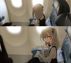 Rule 34 | 1girl, airplane interior, backlighting, bandages, black bow, black bowtie, black skirt, boko (girls und panzer), bow, bowtie, brown eyes, casual, chair, collared shirt, comic, commentary, girls und panzer, high-waist skirt, holding, holding stuffed toy, hp23, light brown hair, long hair, long sleeves, looking at viewer, medium skirt, one side up, photo background, shimada arisu, shirt, sitting, skirt, smile, solo, stuffed animal, stuffed toy, suspender skirt, suspenders, teddy bear, v, white shirt, window