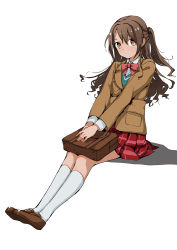 Rule 34 | 1girl, bag, blue vest, bow, bowtie, brown eyes, brown footwear, brown hair, brown jacket, closed mouth, collared shirt, doushimasho, full body, idolmaster, idolmaster cinderella girls, invisible chair, jacket, loafers, long sleeves, looking at viewer, miniskirt, one side up, pink bow, pink bowtie, pleated skirt, red bow, red bowtie, red skirt, school bag, school uniform, shimamura uzuki, shirt, shoes, simple background, sitting, skirt, socks, solo, vest, white background, white shirt, white socks, wing collar