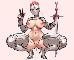 Rule 34 | 1girl, armor, boots, breasts, cleft of venus, female focus, female knight, gloves, helmet, high heel boots, high heels, highres, inverted nipples, kardia (nisetanaka), knight, large breasts, nipples, nisetanaka, pussy, pussy juice, pussy juice drip, reverse outfit, solo, squatting, sword, thick thighs, thigh boots, thighhighs, thighs, uncensored, weapon