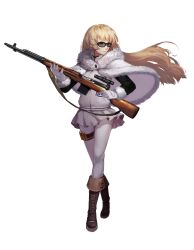 Rule 34 | 1girl, ammunition, blonde hair, blue eyes, boots, capelet, closed mouth, coat, coat lift, denim, eyebrows, full body, fur-trimmed coat, fur-trimmed sleeves, fur trim, girls&#039; frontline, gloves, gun, hair lift, highres, holding, holding gun, holding weapon, jacket, jeans, long hair, looking to the side, official art, pants, personification, pleated skirt, rifle, skirt, sniper rifle, solo, sunglasses, svt-38, svt-38 (girls&#039; frontline), track jacket, transparent background, trigger discipline, very long hair, walking, weapon, white gloves, white jacket, white skirt