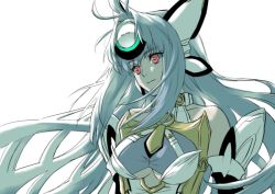 Rule 34 | 1girl, android, bad id, bad twitter id, bare shoulders, blue hair, breasts, forehead protector, kos-mos, kos-mos ver. 4, large breasts, long hair, oto nagi, red eyes, simple background, solo, upper body, white background, xenosaga