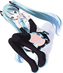 Rule 34 | aqua eyes, aqua hair, boots, detached sleeves, dutch angle, fang, hatsune miku, headset, ink (artist), legs, long hair, necktie, panties, pantyshot, sitting, skirt, solo, striped clothes, striped panties, thigh boots, thighhighs, twintails, underwear, vocaloid