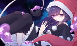 Rule 34 | 1girl, :3, absurdres, black capelet, black dress, black thighhighs, blob, blue eyes, blue hair, book, capelet, closed mouth, commentary request, doremy sweet, dream soul, dress, frilled dress, frills, hat, highres, holding, holding book, looking at viewer, mizore arius, night, night sky, nightcap, off-shoulder dress, off shoulder, pink hair, pink hat, pom pom (clothes), short hair, sky, sleeveless, sleeveless dress, solo, tail, tapir tail, thighhighs, touhou, white dress
