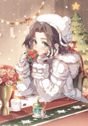 Rule 34 | 1girl, aerith gainsborough, aerith gainsborough (fairy of snowfall), aqua nails, blurry, blurry background, box, brown hair, candle, christmas present, christmas stocking, christmas tree, closed mouth, coat, earrings, final fantasy, final fantasy vii, final fantasy vii ever crisis, final fantasy vii remake, fingerless gloves, flower, gift, gift box, gloves, green eyes, hair ribbon, hand in own hair, head on hand, highres, holding, holding gift, hood, hood down, hooded coat, jewelry, kieta, leaning on table, light blush, long hair, long sleeves, looking at viewer, nail polish, official alternate costume, parted bangs, red flower, red ribbon, ribbon, smile, snow globe, snowflake earrings, solo, upper body, vase, wavy hair, white gloves, white headwear, winter clothes, winter coat