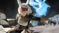 Rule 34 | 1girl, warrior of light (ff14), black sky, blurry, blurry background, book, carbuncle (final fantasy), closed mouth, dress, fighting stance, final fantasy, final fantasy xiv, forehead protector, gloves, highres, holding, holding book, leaning forward, long hair, looking at viewer, medium hair, motion blur, open book, planet, serious, sky, summoner (final fantasy), twitter username, upper body, viera, white hair, zeradok