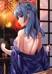 Rule 34 | 1girl, alternate costume, back, bad id, bad twitter id, bare shoulders, blue eyes, blue hair, blue kimono, blush, breasts, closed mouth, cowboy shot, double bun, fireworks, from behind, hair bun, highres, ichikawa feesu, indoors, japanese clothes, kantai collection, kimono, large breasts, long hair, looking at viewer, looking back, mask, mask on head, night, obi, off shoulder, sash, shoulder blades, sidelocks, smile, solo, undressing, untying, urakaze (kancolle)